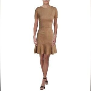 Aqua Flounce-Hem Short Sleeve Faux Suede Dress in Tan - Small